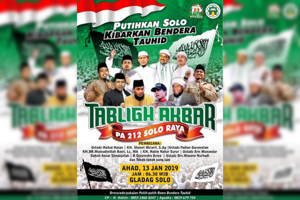 Pamflet kegiatan Tablig Akbar PA 212 Solo Raya di kawasan Gladak, Kota Surakarta, Jateng, Minggu (13/1). (Foto: ist)