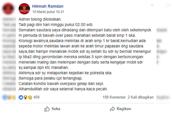 Kiriman Akun Facebook Hikmah Ramdan di grup Info Cegatan Solo dan Sekitarnya soal pelemparan batu di Jalan Layang Manahan, Kota Surakarta, Jateng, Minggu (10/3). (Foto: Posjateng.id/tangkapan layar Grup Facebook Info Cegatan Solo dan Sekitarnya)