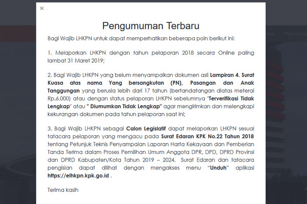 Maklumat tentang pengisian LHKPN di situs KPK. (Foto: Posjateng.id/Cuplikan laman KPK)