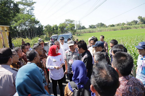 Bupati Klaten, Sri Mulyani (kerudung merah), saat meninjau lokasi yang akan dipakai untuk tol Surakarta-Yogyakarta di Kabupaten Klaten, Jateng, Selasa (9/7). (Foto: Twitter/@YaniSunarno)