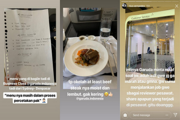 Kolase Instastory akun Instagram @rius.vernandes ihwal kertas menu makanan kelas bisnis Garuda Indonesia rute Sydney-Denpasar, Sabtu (13/7). (Foto: Instagram/@rius.vernandes)