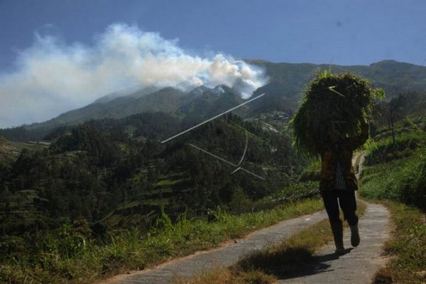 Kepulan asap kebakaran hutan di Gunung Merbabu terpantau dari Desa Wonolelo, Kecamatan Sawangan, Kabupaten Magelang, Jateng, Kamis (12/9). (Foto: Antara Foto/Aloysius Jarot Nugroho)
