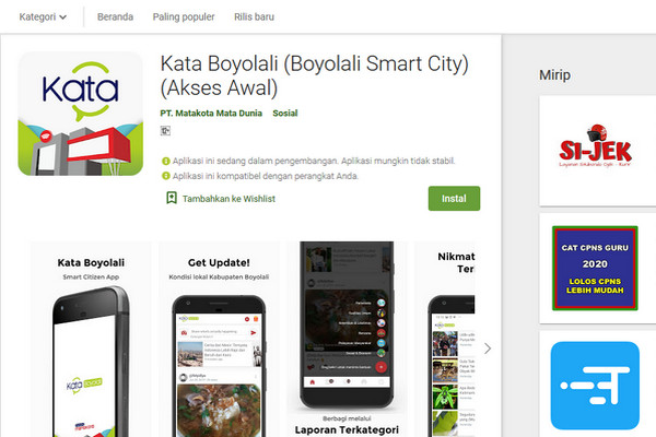 Tangkapan layar aplikasi Kata Boyolali di Play Store. (Foto: PosJateng.id/Fatah Sidik)
