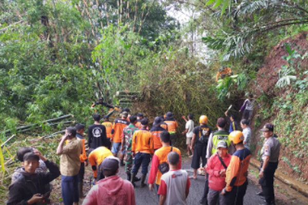 Sejumlah elemen mengevakuasi rumpun bambu yang memutus jalur alternatif di Tawangmangu, Kabupaten Karanganyar, Jateng, Rabu (25/12). (Foto: Twitter/@perhubunganjtg)