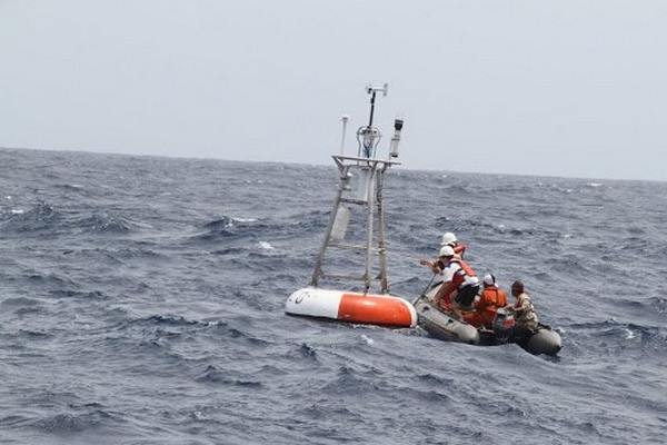 Petugas mengecek kondisi alat deteksi dini tsunami yang terpasang di tengah laut. (Foto: BPPT)