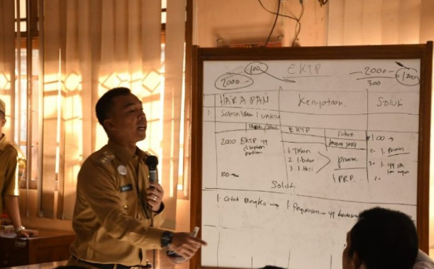 Bupati Batang memberikan penjelasan pada pegawai terkait stok kartu tanda penduduk elektronik (KTP-el). ANTARA