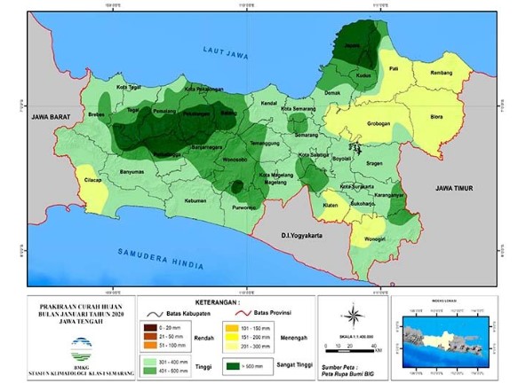 Peta prakiraan curah hujan pada bulan Januari 2020 di wilayah Jawa Tengah. ANTARA/HO-BMKG