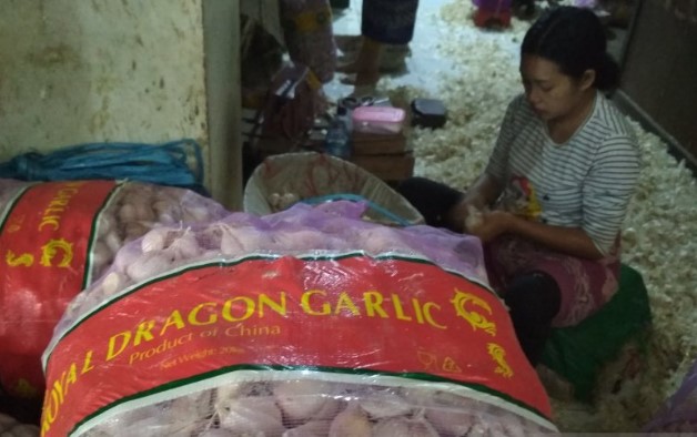 Seorang pekerja tengah mengupas bawang putih impor dari China di Pasar Bitingan Kabupaten Kudus, Jawa Tengah. (ANTARA)