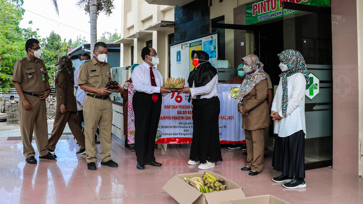 Bupati Kulon Progo, Sutedjo didampingi pejabat OPD saat menyerahkan bantuan buah ke nakes Kulon Progo Terima Bantuan Buah. Foto: kulonprogokab.go.id