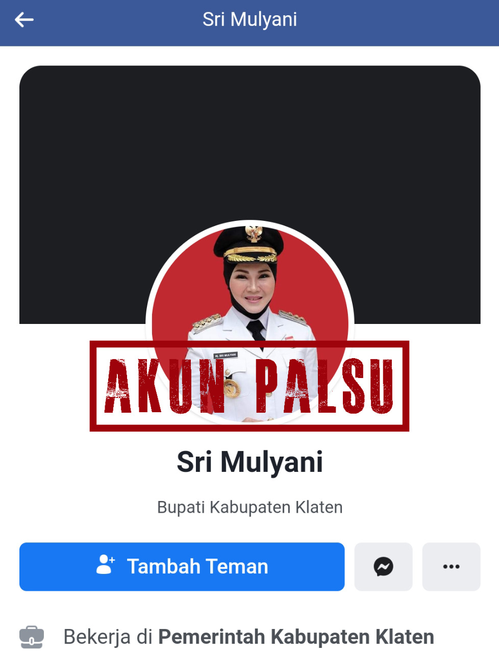 Tangkapan layar akun palsu Bupati Sri Mulyani. Foto: klatenkab.go.id
