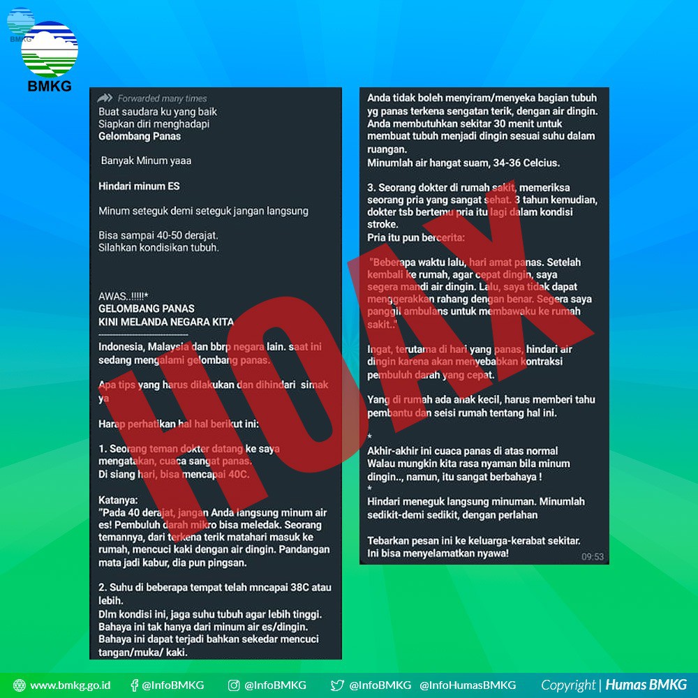 Cuplikan kabar hoaks gelombang panas di Indonesia melalui chat WhatsApp. Foto: BMKG.go.id