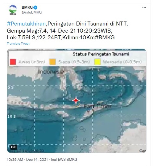 Postingan twitter gempa Larantuka NTT oleh BMKG. Foto: twitter @infoBMKG