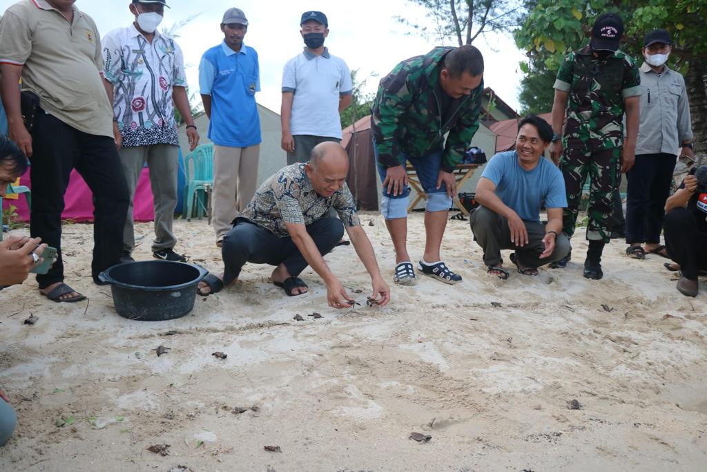 Bupati Jepara, Dian Kristiandi didampingi pejabat setempat saat melepasliarkan penyu di Puau Parang. Foto: jatengprov.go.id