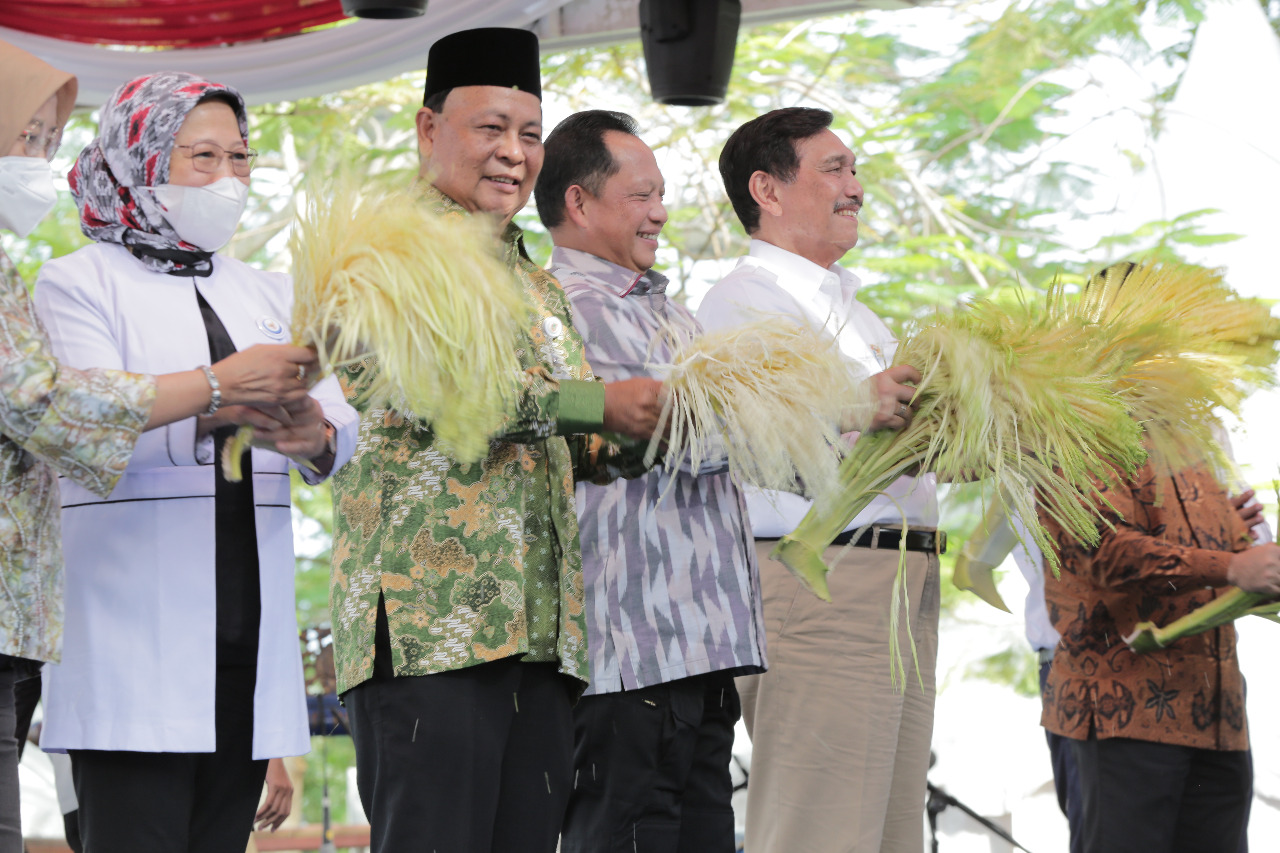 Gubernur Kalsel, Menko Marves, Mendagri, dan Gubernur BI saat Puncak Gernas BBI, Jumat (22/7).