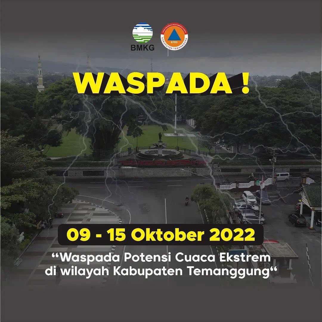 BPBD Kabupaten Temanggung menerbitkan imbauan waspada cuaca ekstrem pada 9-15 Oktober 2022. (Foto: Instagram.com/bpbd_kabtemanggung)