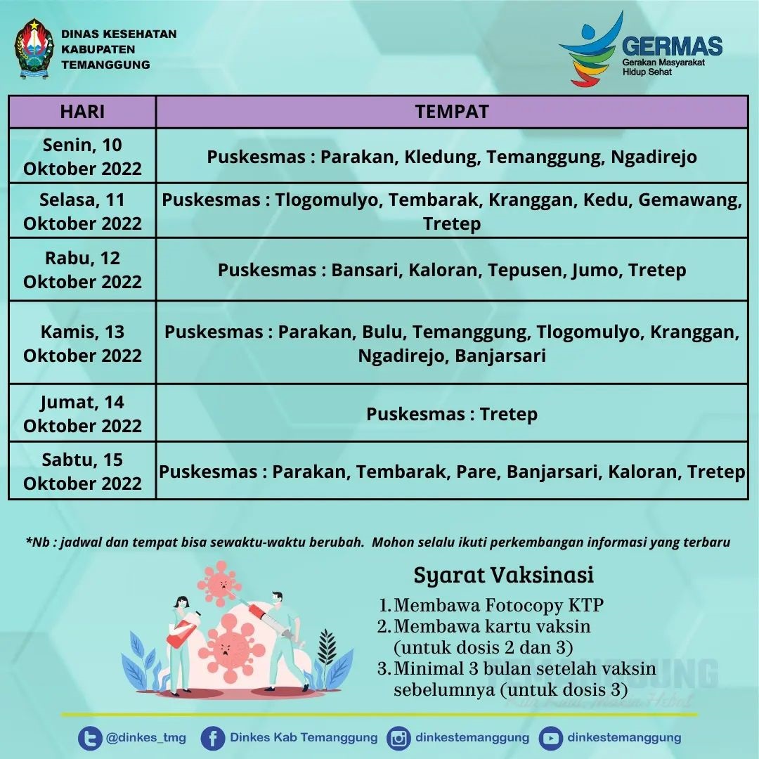 Jadwal vaksinasi Covid-19 Dinkes Kabupaten Temanggung periode 10-15 Oktober 2022. (Foto: instagram.com/dinkestemanggung)