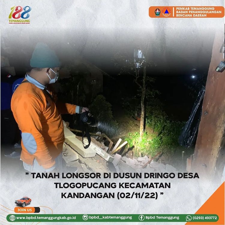 BPBD Temanggung membersihkah material longsor di Dusun Dringo Desa Tlogopucang, Kecamatan Kandangan, Kamis (3/10). (Foto: www.instagram.com/bpbd_kabtemanggung)