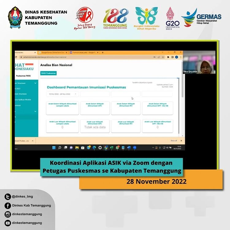 Dinkes Temanggung melaksanakan Koordinasi Aplikasi Sehat IndonesiaKu (ASIK) bersama petugas puskesmas melalui zoom meeting, Senin (28/11). (Foto: instagram.com/dinkestemanggung)