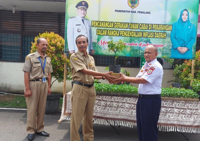 Pj. Sekda saat serah terima bibit tanaman cabai kepada para kepala OPD. Sumber foto: pemalangkab.go.id